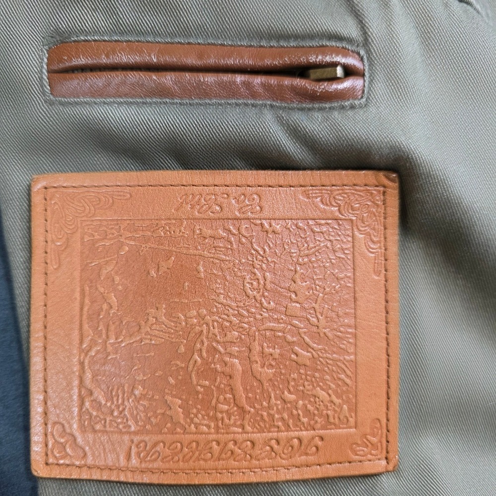 Vintage Co Ltd Olive Green Cotton Safari Trench Coat Leather Trim Size 10 - Picture 3 of 11